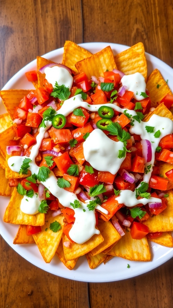 A plate of spicy chips chaat with crispy chips, topped with onions, tomatoes, yogurt, and chutneys, garnished with cilantro.